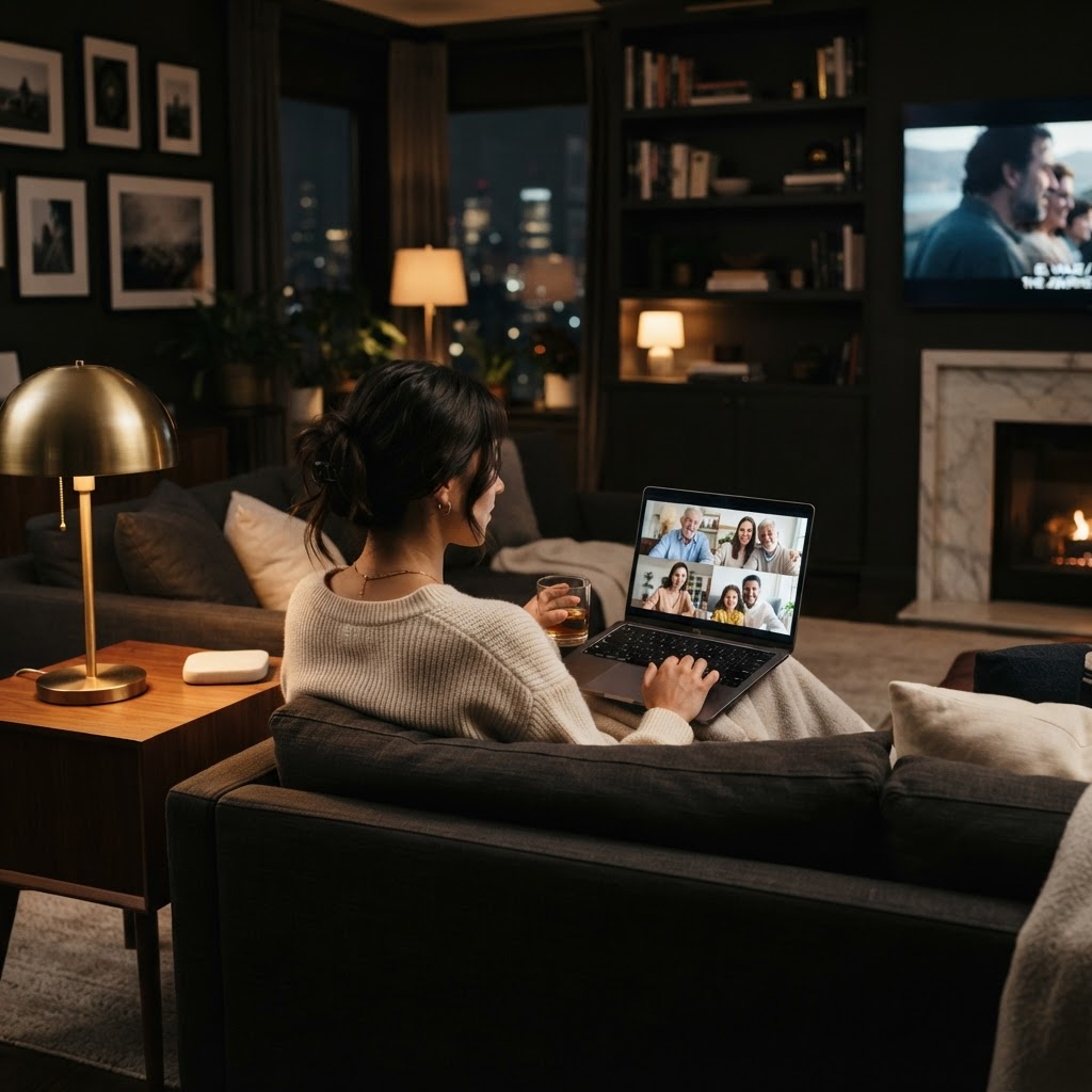 An expat watching together with family from a warm living room
